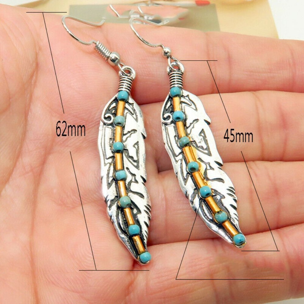 Antique Silver Feather Turquoise Bead Drop Dangle Hook Earrings Bohemia - Picture 2 of 7